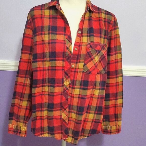 BDG Olly Red & Orange Festival Boyfriend Button Down Flannel Shirt Shacket - Picture 2 of 14